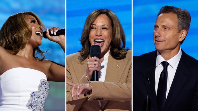 L-R: Mickey Guyton, Kamala Harris and Tony Goldwyn at the 2024 DNC